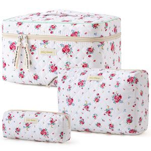 Quilted Makeup Bag, 3pcs Cotton Large Travel Makeup Bag, Cute Floral Coquette🦛
